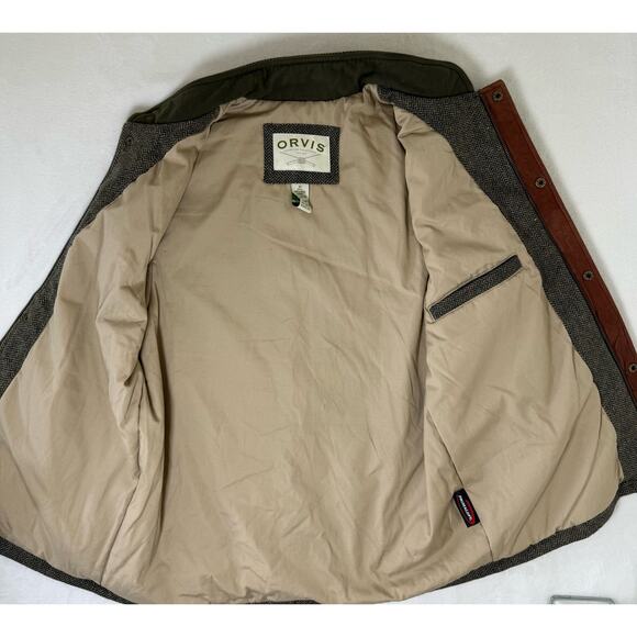 ORVIS Wool Sz M Field Vest Herringbone Tweed Leather Lined Insulated Outdoor - Picture 4 of 9